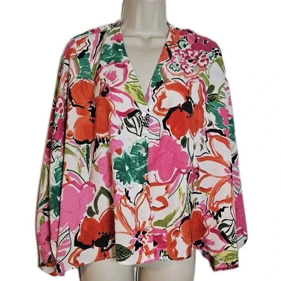 NWOT Entro Satin Kimono Sleeve Floral Button V Neck Blouse Top Womens S/M Resort - Picture 2 of 9